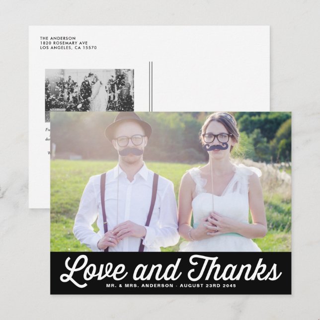 Black Retro Script Foto Hochzeit Vielen Dank Postkarte (Vorne/Hinten)