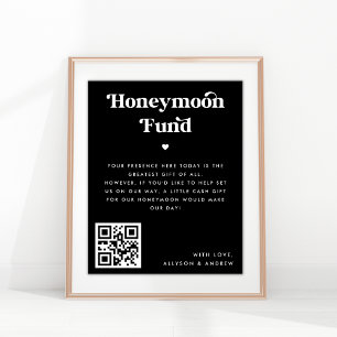Black Retro Script Honeymoon Fund Wedding Sign Poster