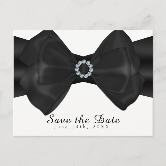 Black Ribbon Bow & Diamonds Save the Date elegant Ankündigungspostkarte (Vorderseite)