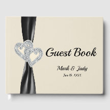 Black Ribbon Diamond Hearts Wedding Guestbook