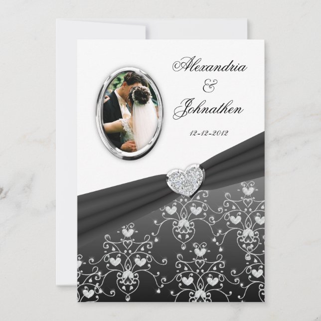 Black Ribbon Herz Damask Hochzeit Foto Einladung (Vorderseite)