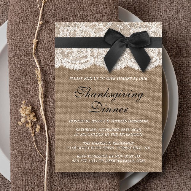 Black Ribbon on Burlap & Lace Erntedank Dinner Einladung (Von Creator hochgeladen)