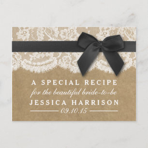 Black Ribbon on Kraft & Lace Brautparty Rezept Einladungspostkarte