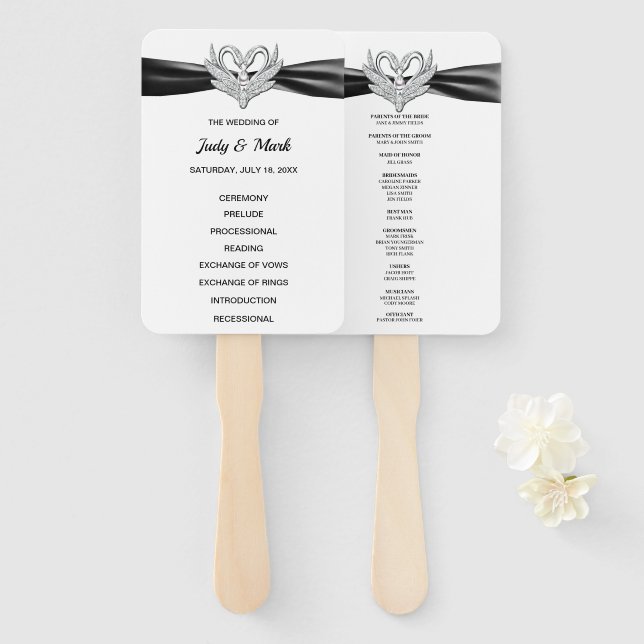 Black Ribbon Silver Swan Wedding Program Fans Fächer (Vorne und Hinten)