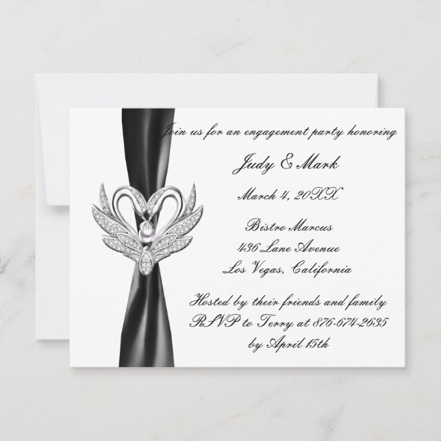 Black Ribbon Silver Swans Engagement Party einlade Einladung (Vorderseite)