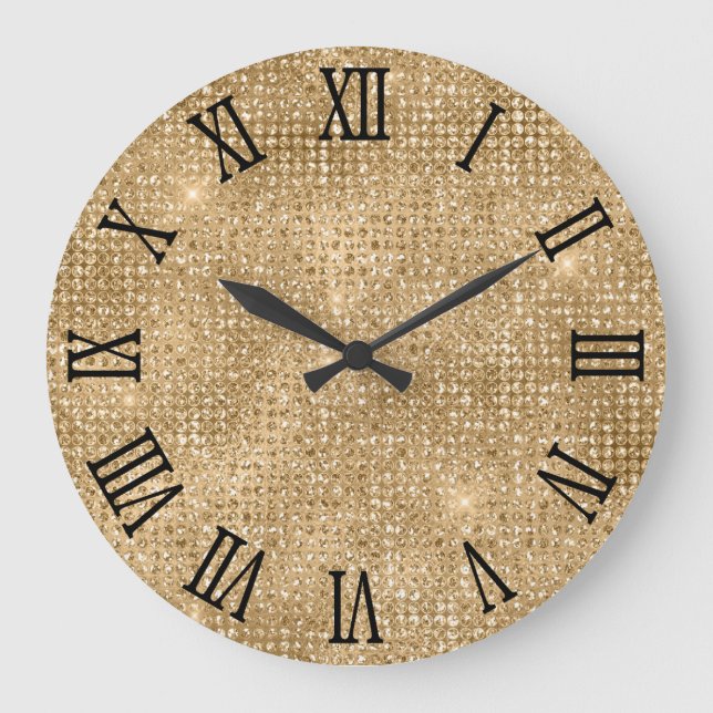 Black Roman Numerals Gold Disco Glitzer Große Wanduhr (Vorderseite)