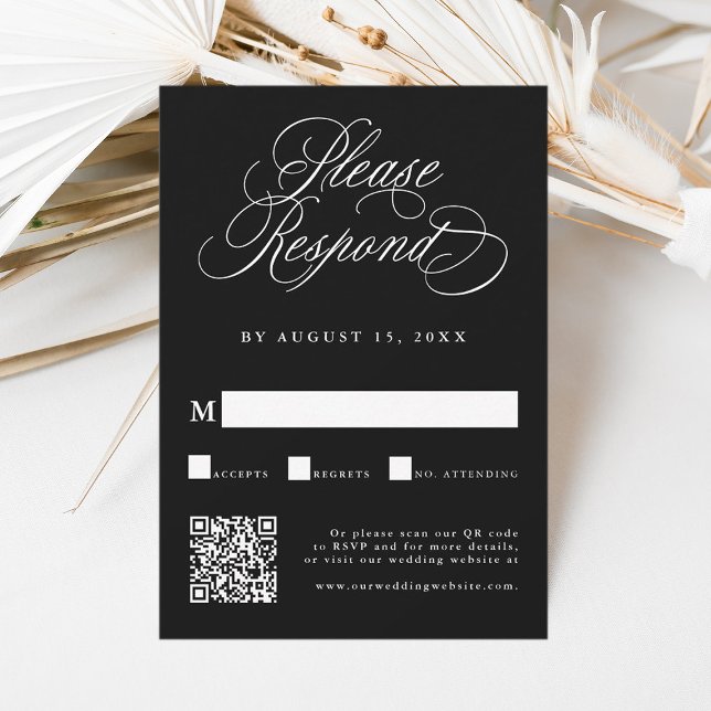 Black Romantic Calligraphy Wedding QR Code RSVP Karte (Von Creator hochgeladen)
