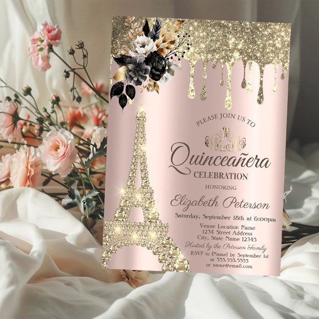 Black Rose Eiffelturm Gold Tropfen Einladung (Von Creator hochgeladen)