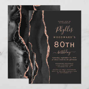 Black Rose Gold Agate Dark 80. Geburtstagsparty Einladung