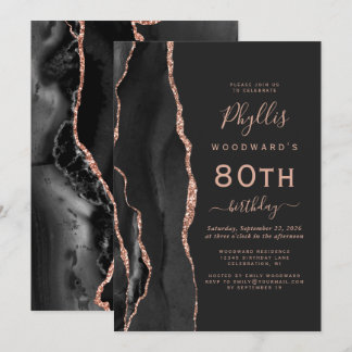 Black Rose Gold Agate Dark 80. Geburtstagsparty Einladung