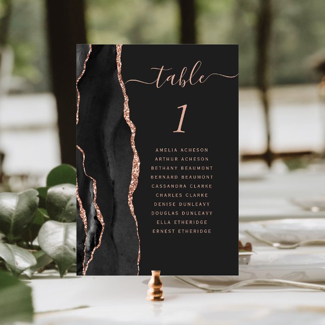 Black Rose Gold Agate Dark Guest Names Wedding Tischnummer (Von Creator hochgeladen)