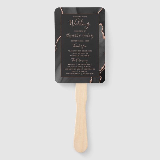Black Rose Gold Agate Dark Wedding Program Fächer (Vorderseite)