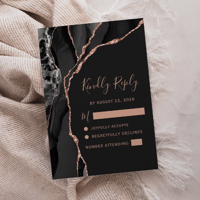 Black Rose Gold Agate Dark Wedding RSVP Karte (Von Creator hochgeladen)