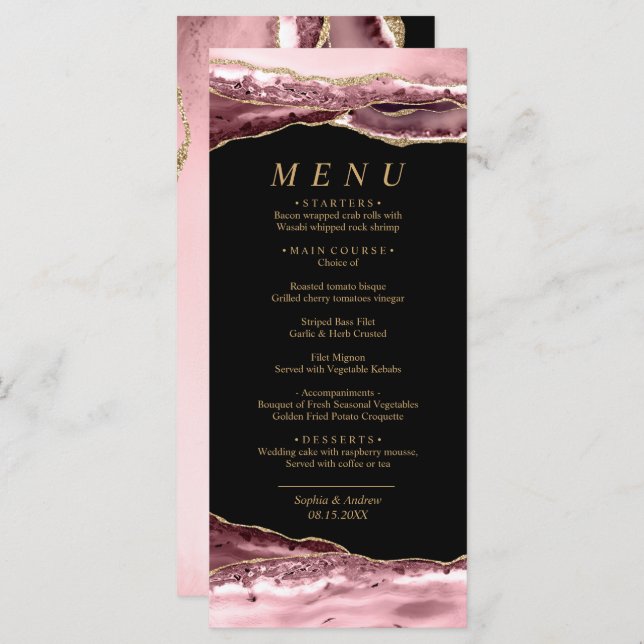 Black & Rose Gold Calligraphy Wedding Menu Menükarte (Vorne/Hinten)