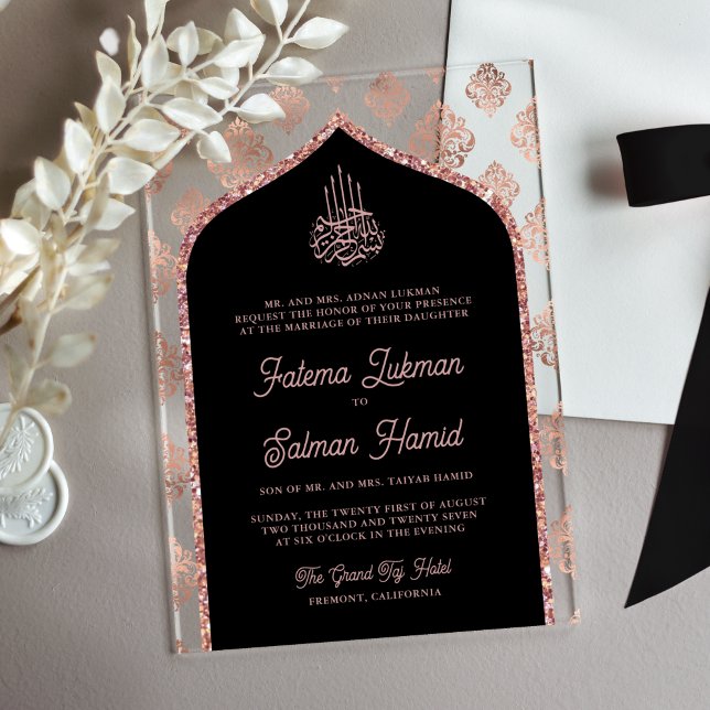 Black Rose Gold Damask Arch-Moslemhochzeit Acryleinladungen (Von Creator hochgeladen)