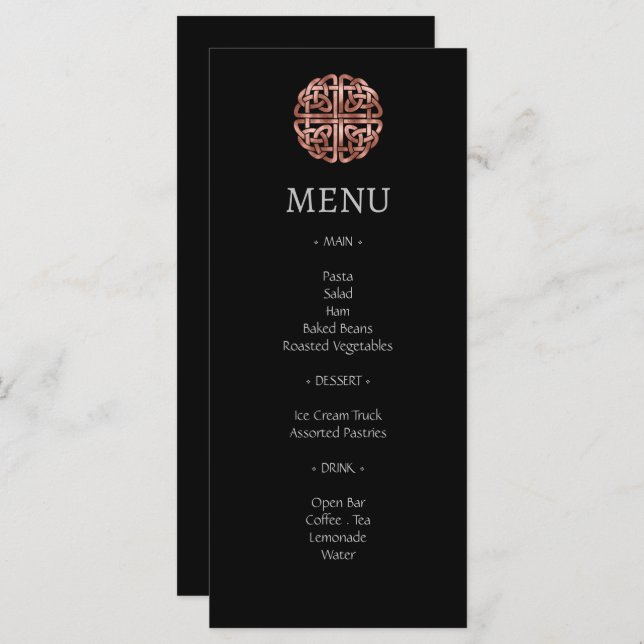 Black Rose Gold Dara Celtic Knot Wedding Menu Menükarte (Vorne/Hinten)