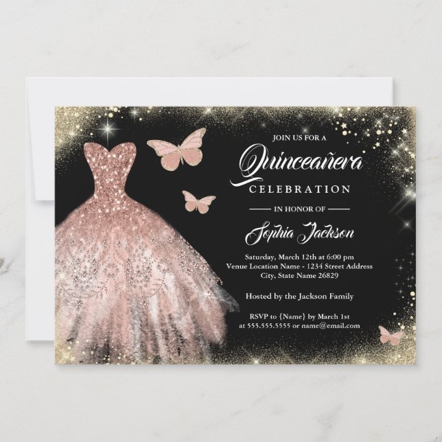 Black Rose Gold Dress Butterfly Quinceanera Einladung (Vorderseite)
