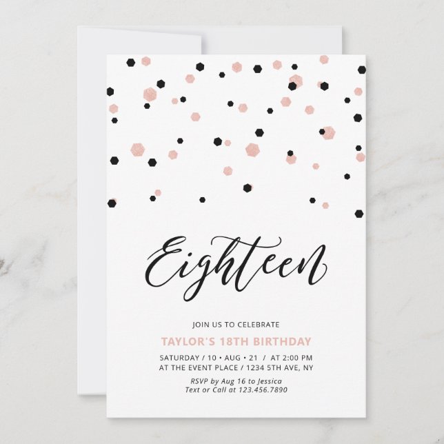 Black & Rose Gold Girl 18. Teen Birthday Party Einladung (Vorderseite)