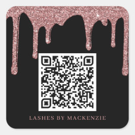 Black Rose Gold Glitter Drips QR Code Business Quadratischer Aufkleber