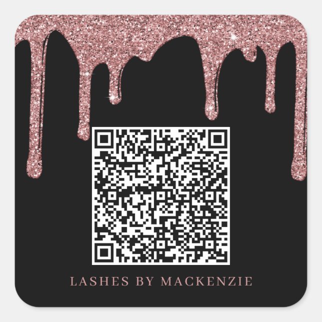 Black Rose Gold Glitter Drips QR Code Business Quadratischer Aufkleber (Vorderseite)