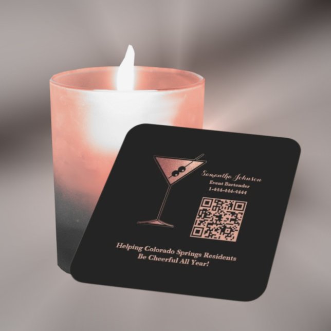 Black & Rose Gold Glitter Event Barkeeper Rechteckiger Pappuntersetzer (Easily change the information to make this coaster your own.
)
