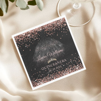 Black & Rose Gold Glitter Princess Quinceañera Serviette