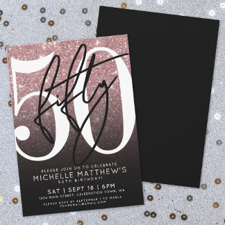 Black Rose Gold Glitzer 50. Geburtstag Einladung