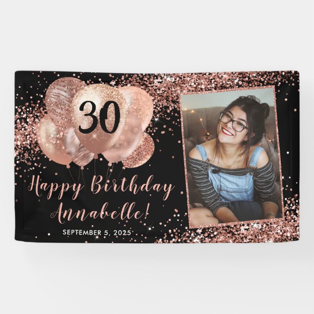Black Rose Gold Glitzer Ballon Foto Geburtstag Banner (Horizontal)