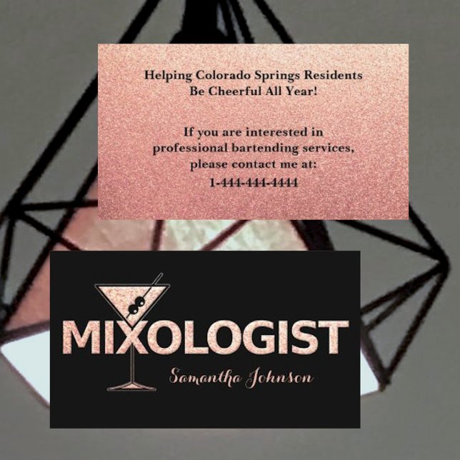Black & Rose Gold Glitzer Barkeeper Business Card Visitenkarte (Von Creator hochgeladen)