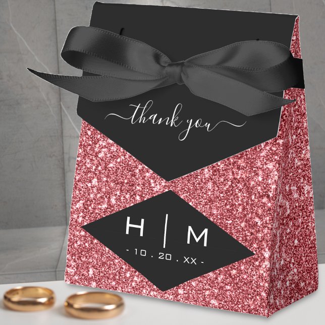 Black & Rose Gold Glitzer Chic Vielen Dank für Ihr Geschenkschachtel (black & pink rose gold glitter monogram thank you favor box)