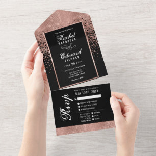 Black Rose Gold Glitzer Confetti Wedding RSVP All In One Einladung