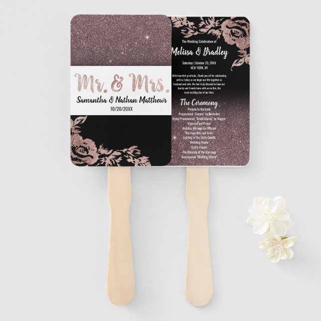 Black Rose Gold Glitzer Floral Wedding Program Fächer (Vorne und Hinten)