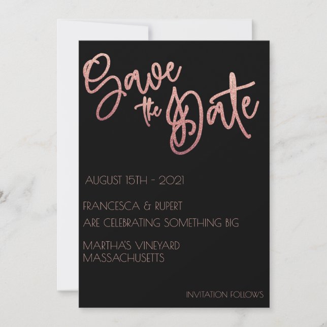 Black & Rose Gold Glitzer Hochzeit Save The Date (Vorderseite)