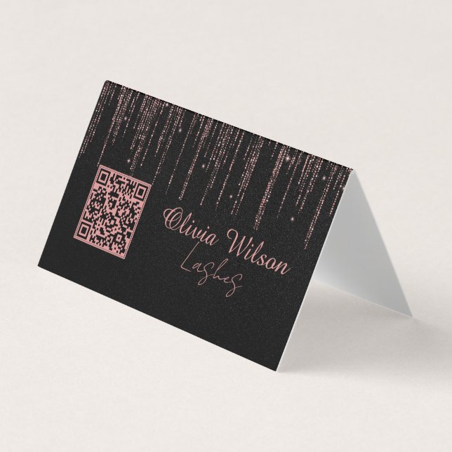 Black Rose Gold Glitzer Minimalistisch Qr-Code Visitenkarten (Vorderseite)