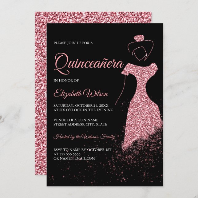 Black Rose Gold Glitzer Sparkleider Quinceanera Einladung (Vorne/Hinten)