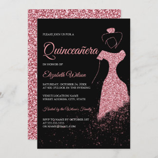 Black Rose Gold Glitzer Sparkleider Quinceanera Einladung
