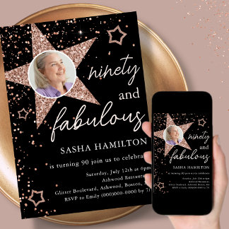 Black & Rose Gold Glitzer Star 90. Geburtstag Einladung