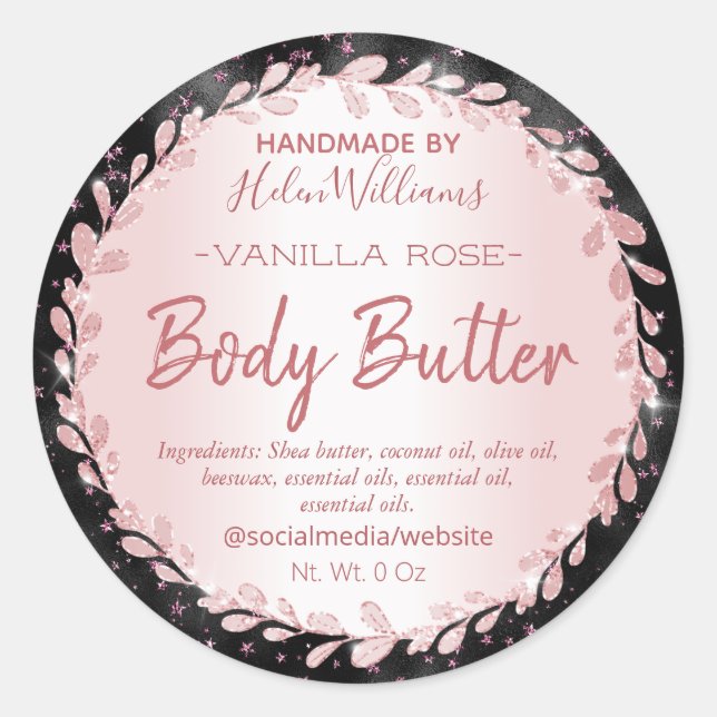 Black Rose Gold Glitzer Stars Body Butter Labels Runder Aufkleber (Vorderseite)
