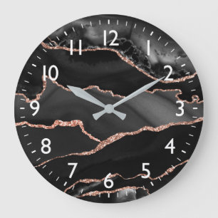 Black & Rose Gold Imitate Glitzer Agate Große Wanduhr