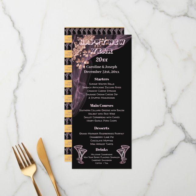 Black Rose Gold New Year Menu & Champagner Brillen Menükarte (Vorderseite/Rückseite Beispiel)