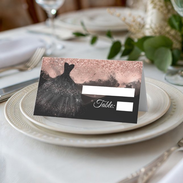 Black & Rose Gold Princess Quinceañera Platzkarte (Black and Rose Gold Princess quinceañera place card)