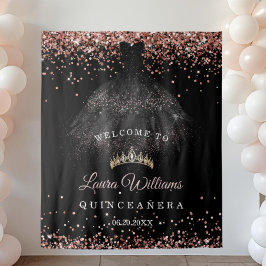 Black & Rose Gold Quinceañera Birthday Backdrop Wandteppich