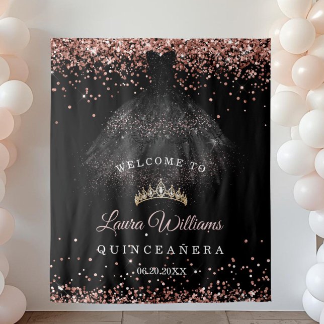 Black & Rose Gold Quinceañera Birthday Backdrop Wandteppich (Reose Gold glitter quinceañera  birthday party backdrop)