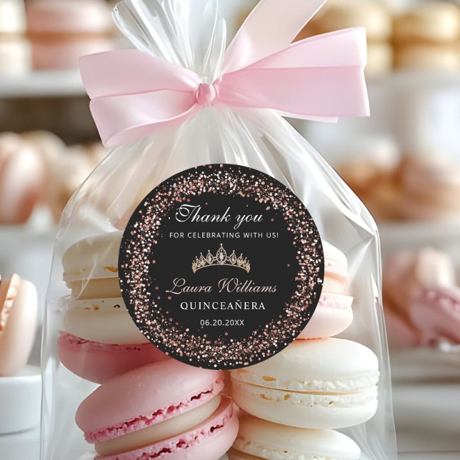 Black & Rose Gold Quinceañera Birthday Thank you Runder Aufkleber (Rpse Gold and Black Crown tiara quinceañera Thank you stickers)