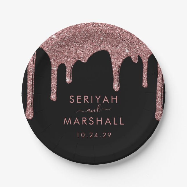 Black Rose Gold Sparkle Glitzer Tropfen Hochzeit Pappteller (Vorderseite)