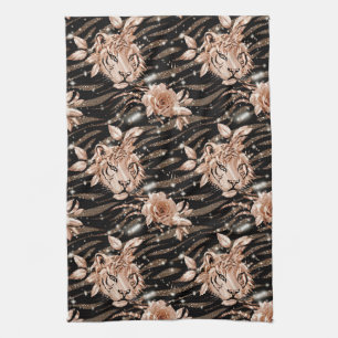 Black Rose Gold Tiger Floral Geschirrtuch