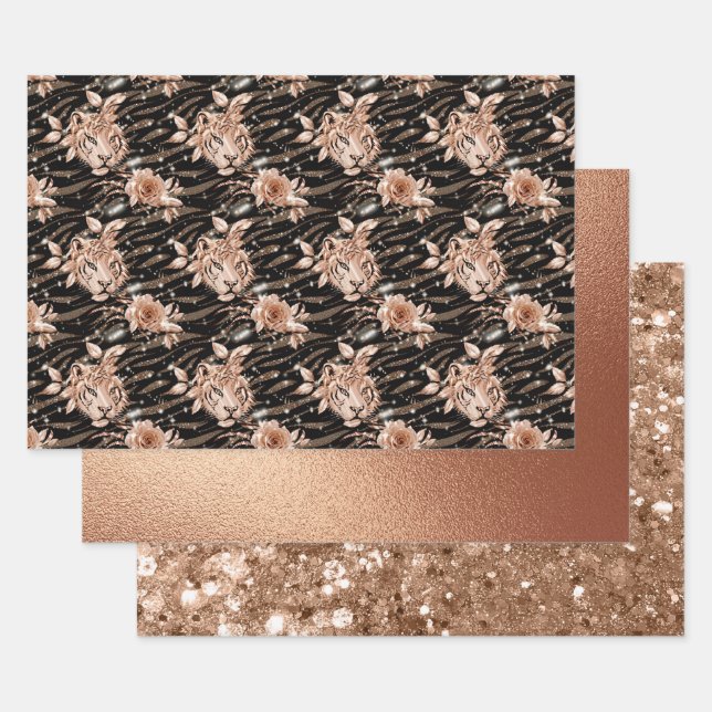 Black Rose Gold Tiger Floral Glam Glitzer Geschenkpapier Set (Set)