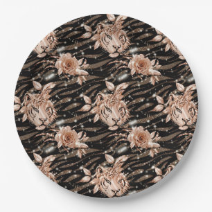 Black Rose Gold Tiger Floral Pappteller