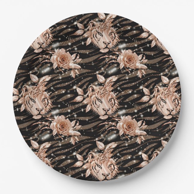 Black Rose Gold Tiger Floral Pappteller (Vorderseite)