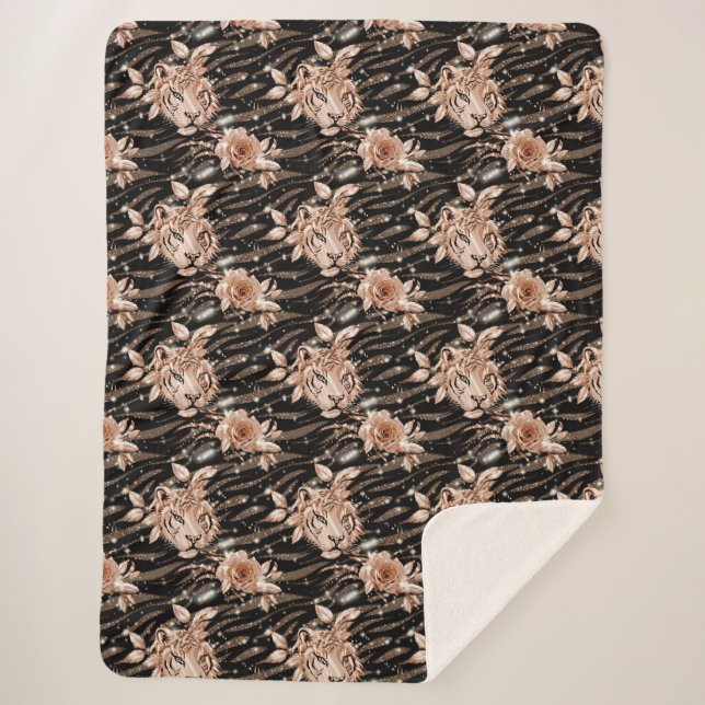 Black Rose Gold Tiger Floral Sherpadecke (Vorderseite)